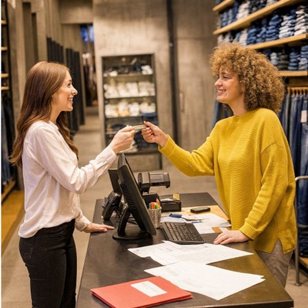 Commerçante et cliente heureuses avec vikîA